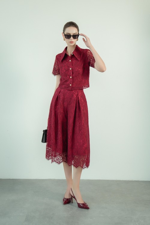 Sixdo Dark Red Lace Culottes